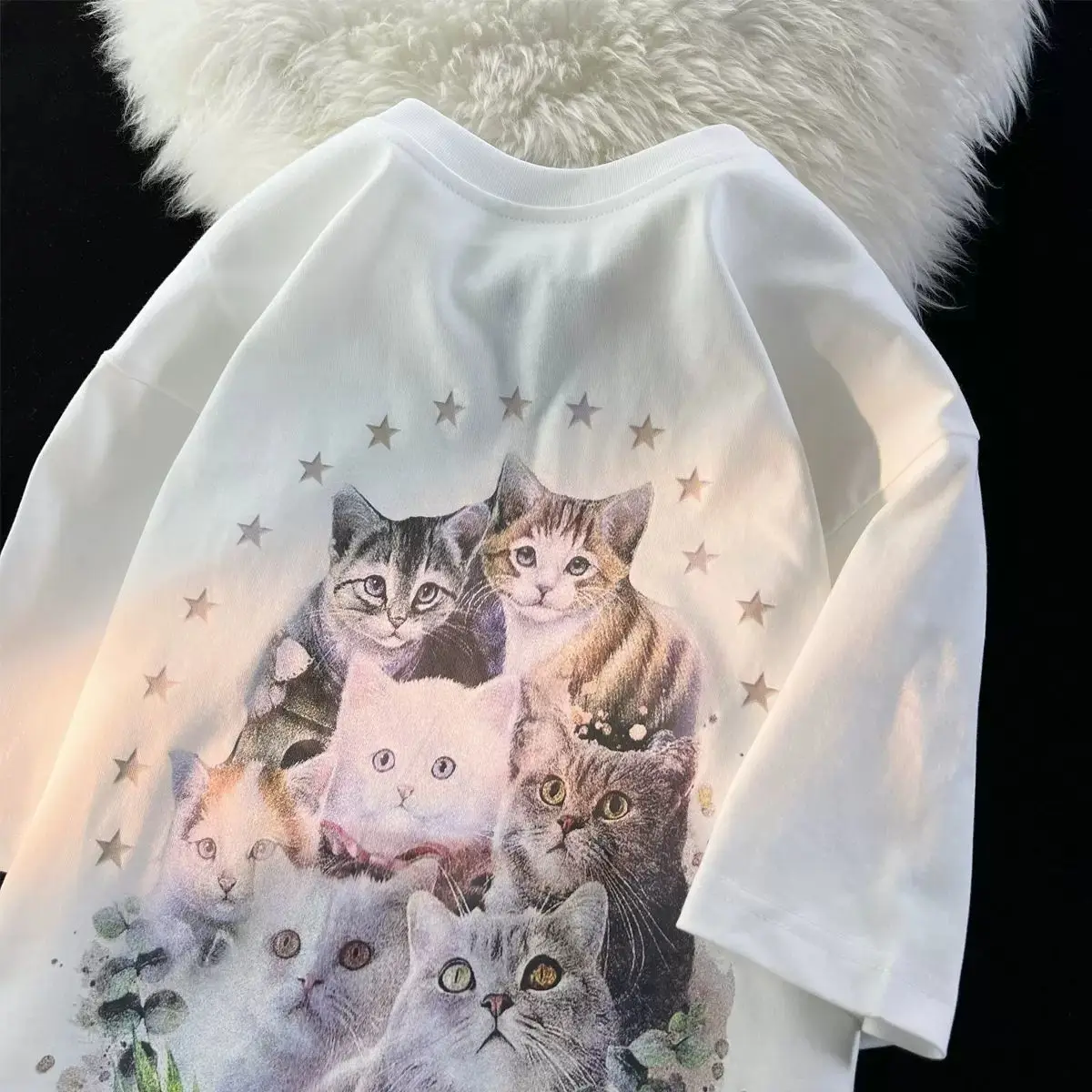 

Vintage Cat Pattern Print American Vintage Sweet and Cute Versatile Loose Casual Cotton Design Short Sleeve Women Lazy Style Top