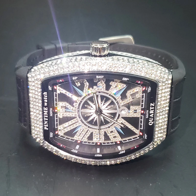 Luxury Diamond Watches For Men Fashion Design Tonneau Rubber Strap Quartz Watch Hip Hop Sport Iced Out Automatic Date Clock 2022