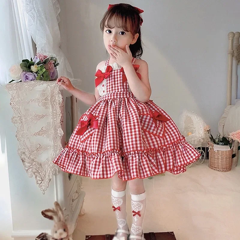 

Girls Cute Bow Plaid Dress Summer Sleeveless Fashion Party Dresses Kids Tutu Toddler Girl Princess Fluffy Dress Children Clothes