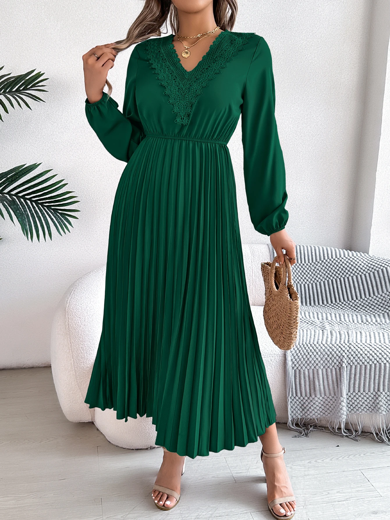Women Solid Color V Neck Long Sleeve Lace Dress