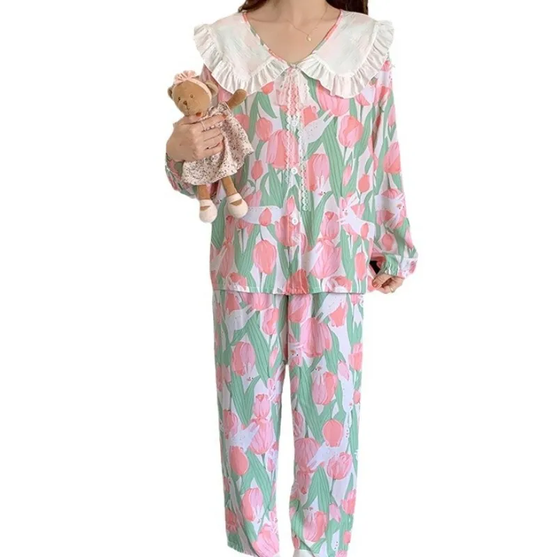 Long Sleeved Pants Pajamas Suit Round Neck Doll Collar Cardigan Nightie French Princess Style Lace Ribbon Cotton Silk Home Wear