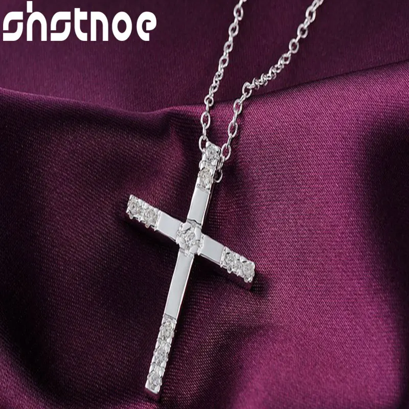 

SHSTONE 925 Sterling Silver 16-30 Inch Chain AAA Zircon Cross Pendant Necklace For Women Engagement Wedding Fashion Fine Jewelry