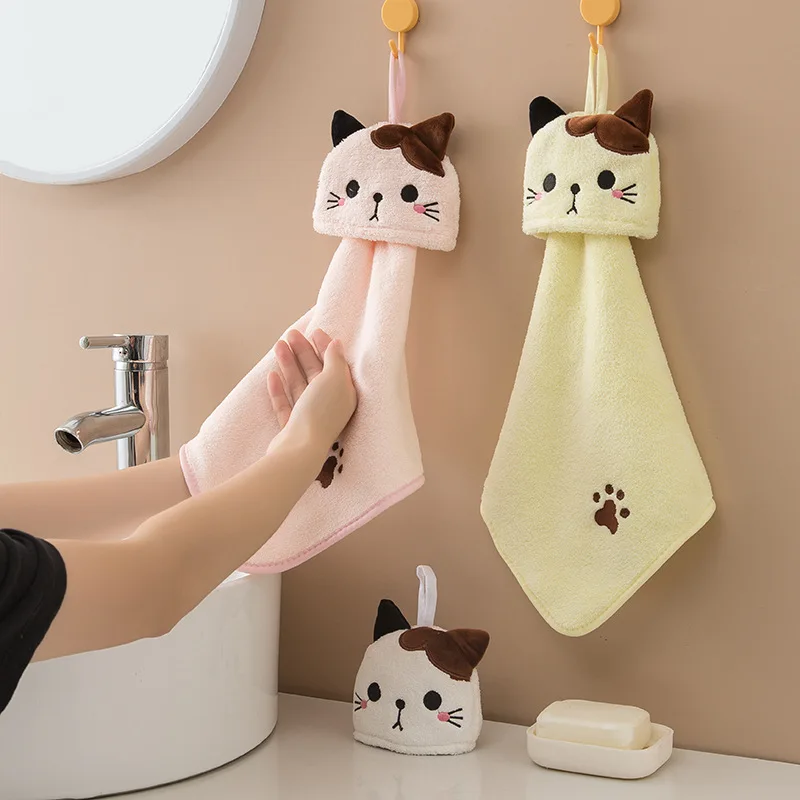 

Cute Cartoon Cat Hand Towel Thickened Kitchen Bathroom Coral Velvet Cloths Towels Home Quick Drying Children Cleaning Dishcloth