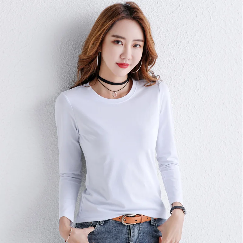 

2023 New Spring Winter Women White Long Sleeve Cotton Tshirts High Quality Ladies T-shirts