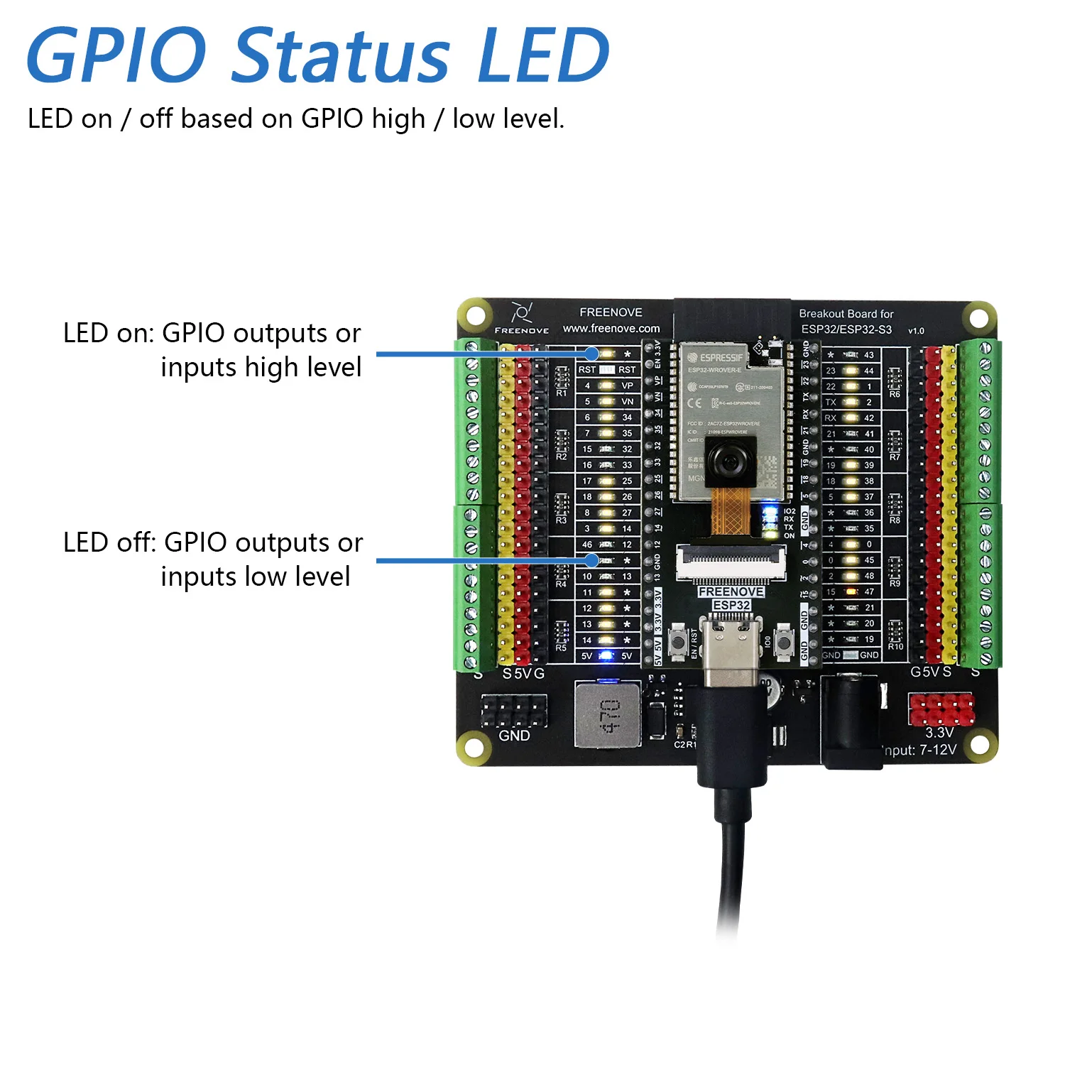 รูปสินค้า บอร์ดควบคุม ESP32 Freenove พร้อมไฟแสดงสถานะและช่องไฟ 5V/3.3V