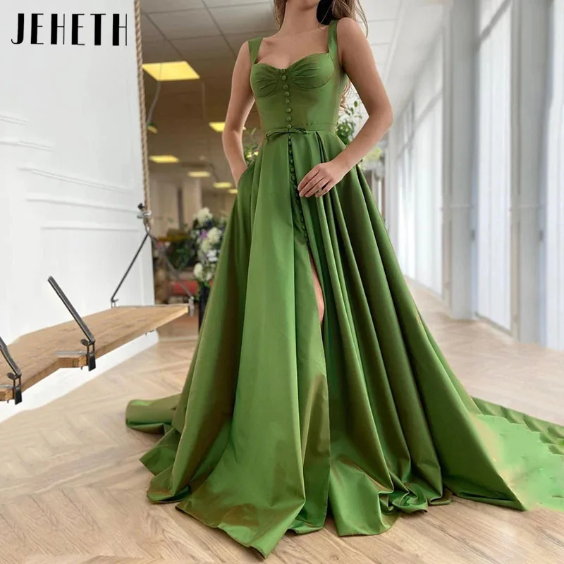 

JEHETH Green Elegant Evening Dress Spaghetti Strap Satin A-line Prom Gown Sweetheart Side Slit Backless فساتين مناسبة رسمية