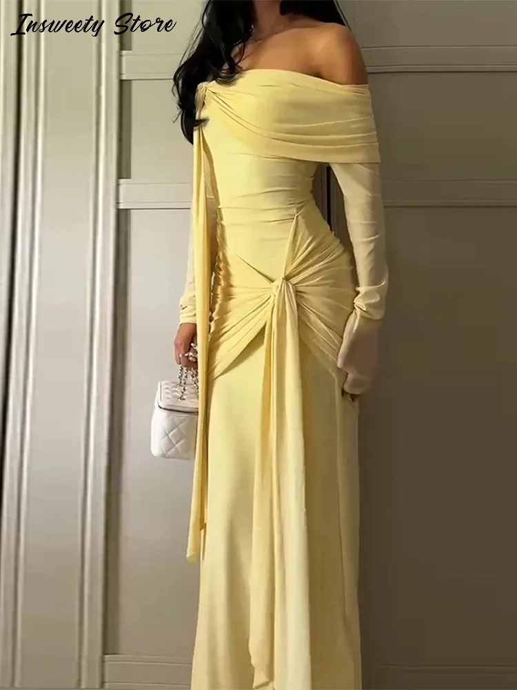 فستان أنيق برباط للنساء مكشوف الكتفين وأكمام طويلة فساتين ثنيات لخريف 2025 رداء حفلات أنيق للسيدات جديد