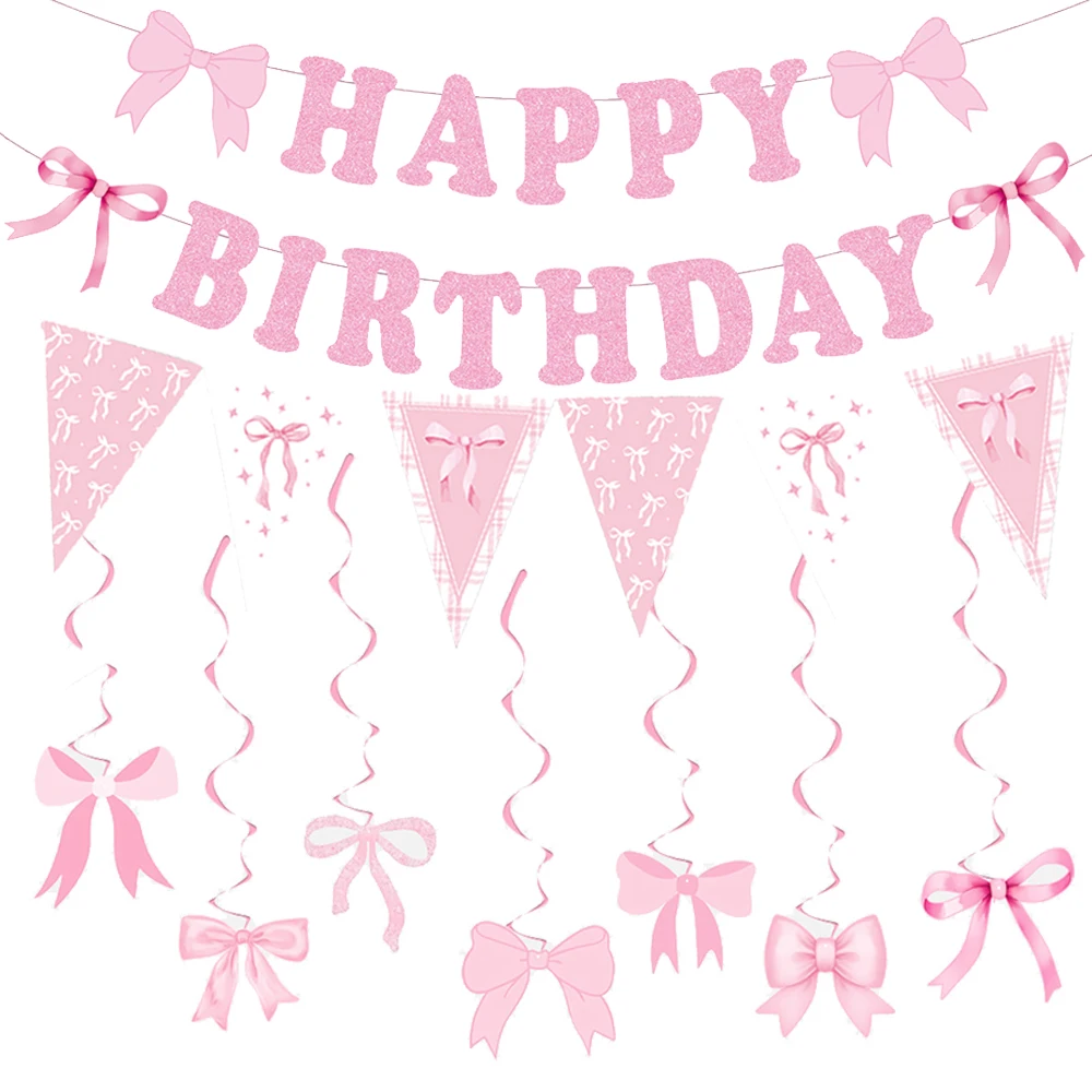 Pink Bow Themed Hanging Decor Banner Swirl for Girls' Birthday or Baby Shower Decorations