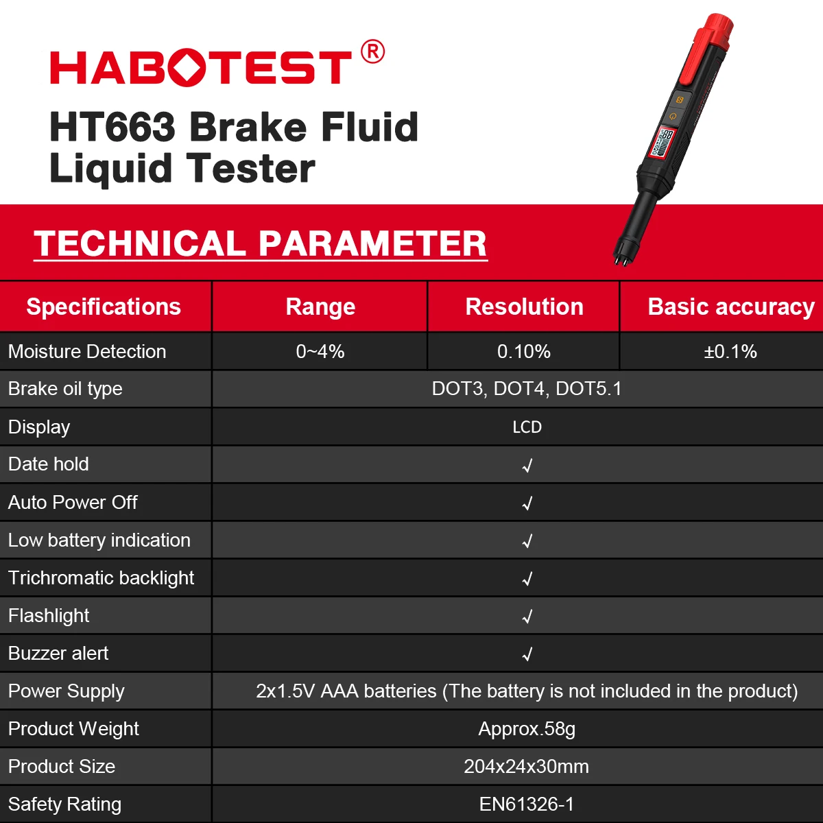 HABOTEST HT663/HT663L Brake Fluid Liquid Tester brake Oil Detecting Pen Automobile Brake Fluid Content Detector