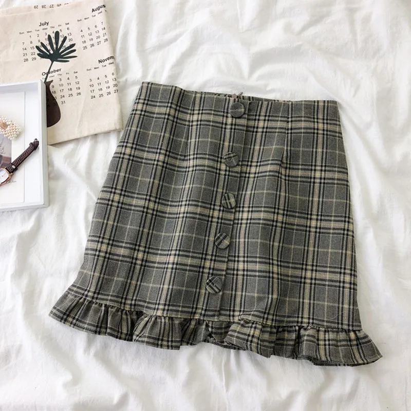 

Korean Harajuku Empire Plaid Mini Skirts Casual Female Y2k Above Knee High Waist Ruffles Skirts Women Summer Fairy A-Line Skirt