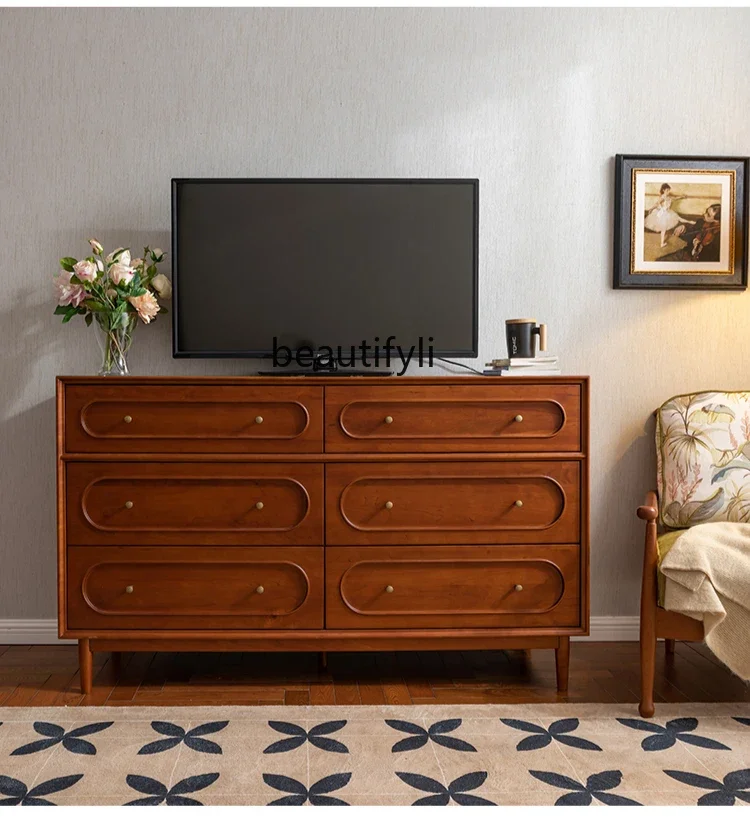 

Retro Solid Wood Chest of Six Drawers Locker Living Room Entrance Storage Chest of Drawer Small Apartment Cabinet