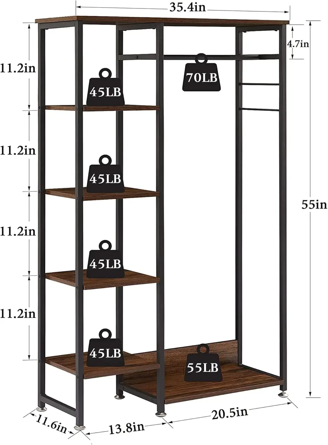 Open Garment Clothing Rack, Free-Standing Heavy Duty Storage Closet with 5 Shelves and Hanging Rod for Small Spaces