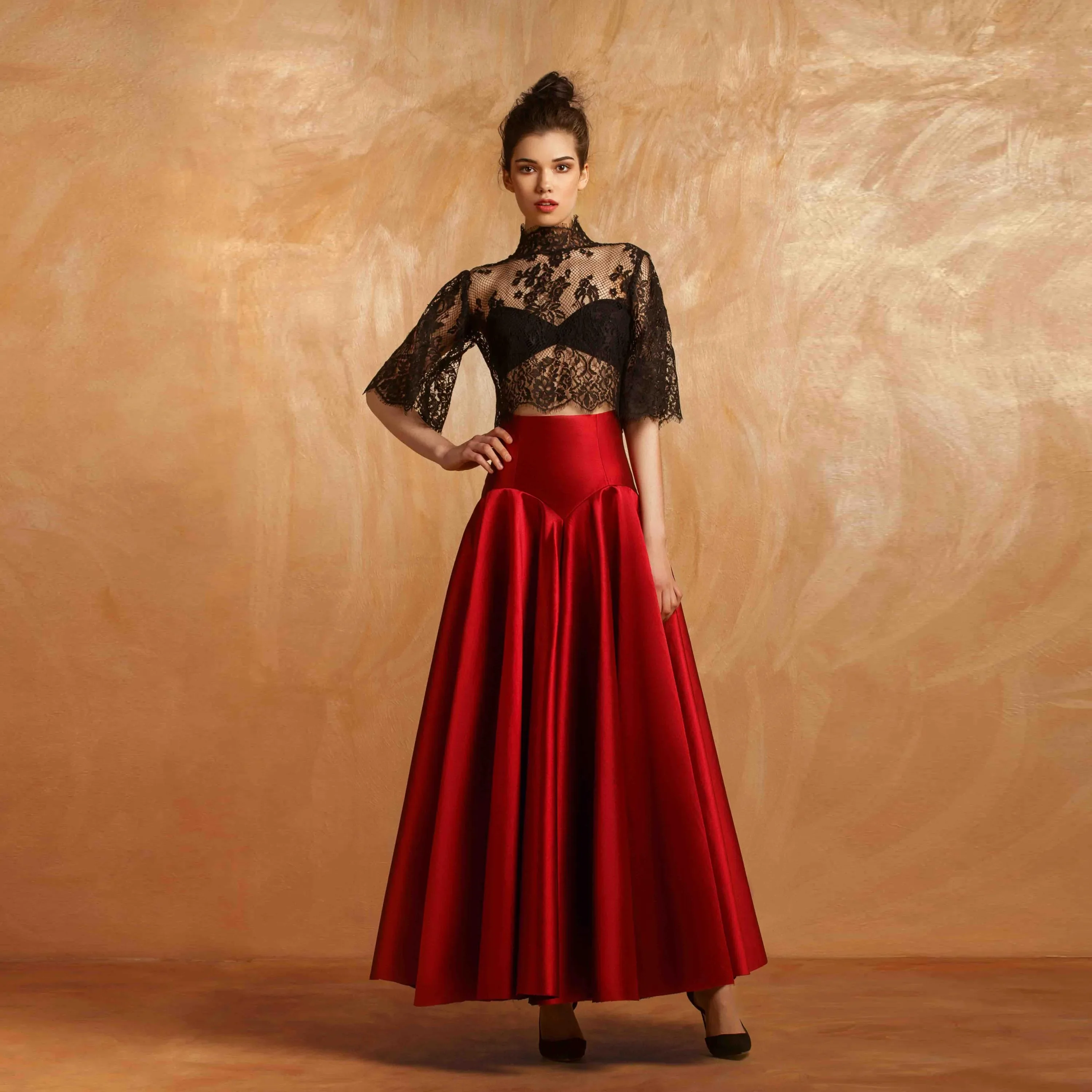 Heavy Mesh Gauze Multilayer Long Skirt With Satin Lining - 2210_WINE RED