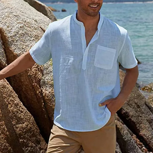 Men's Casual Shorts Sleeve Linen Shirts 