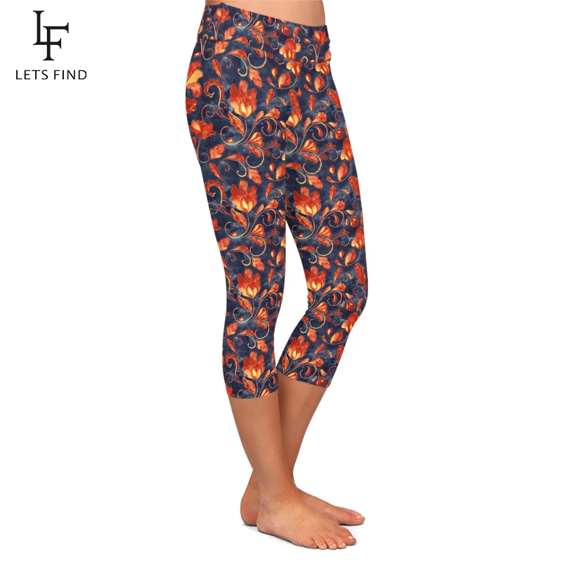LETSFIND 2020 New Arrival Paisley Pattern Milk Silk Printing Women Leggings High Waist  Fitness Elastic Capri Leggings