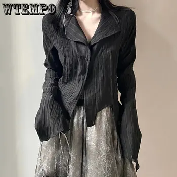 여성용 고딕 블랙 셔츠, 야마모토 스타일, 어두운 미적 블라우스, 불규칙한 디자이너 옷, Y2k