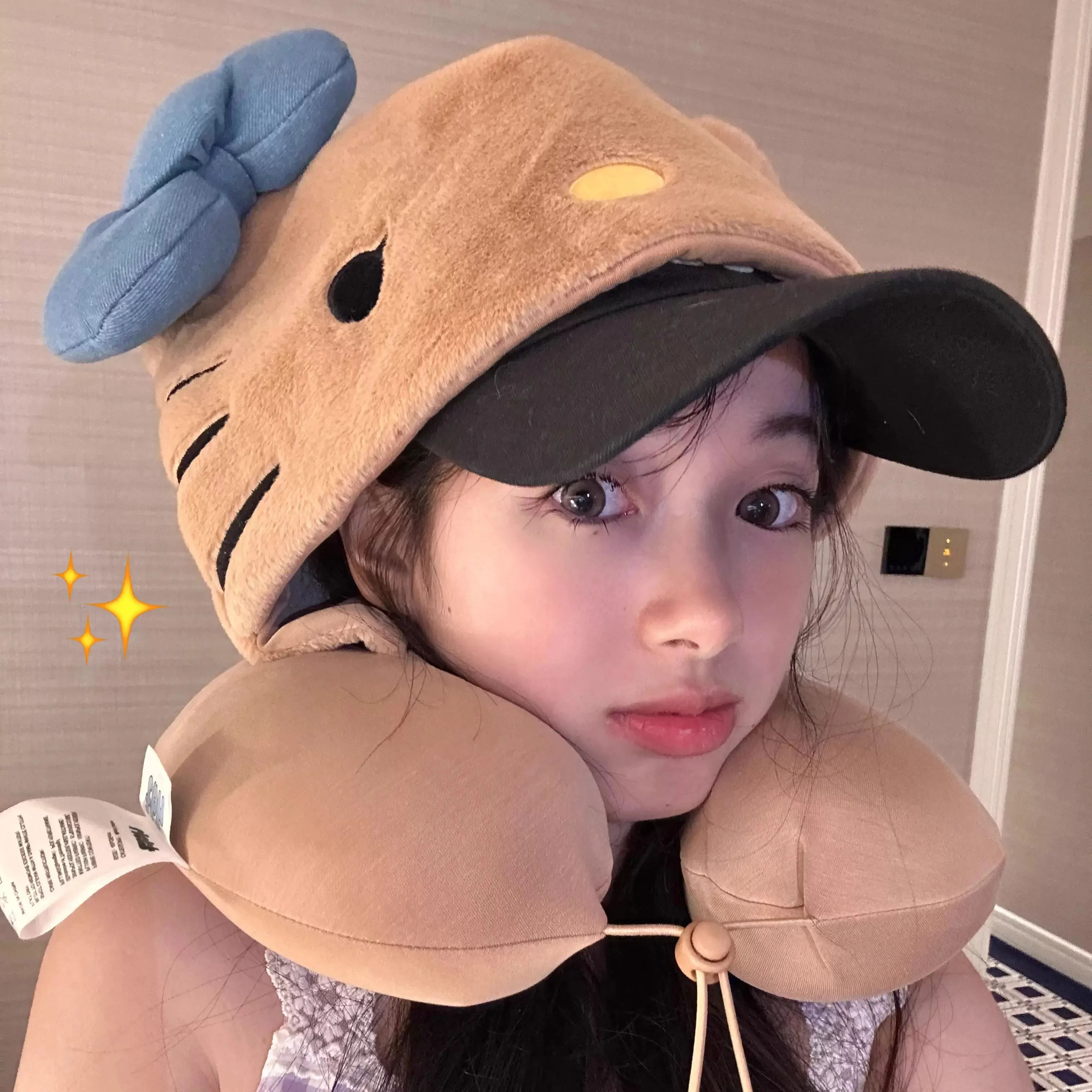 Kitty Hooded Neck Pillow Travel Pillow For Airplane Train Car Soft Plush Sleeping Support With Adjustable Hood Gift