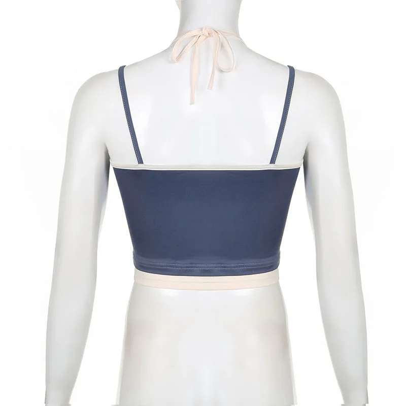 Camisola de moda de calle alta, top de retazos falso de dos piezas, top de tirantes con cuello halter, chaleco básico sin mangas para fitness, informal, de verano