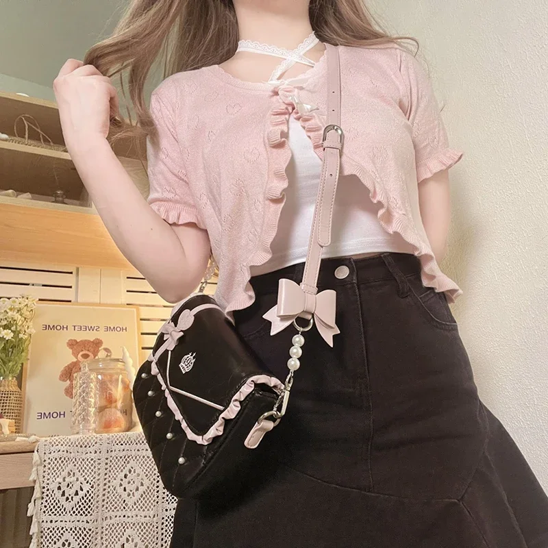 여성용 진주 버튼 보우 장식 하트 할로우 아웃 짧은 스웨터, 귀여운 니트 카디건, 귀여운 소녀 옷