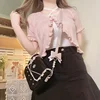 Cute Knitted Cardigan Women Pearl Button Bow Decoration Heart Hollow Out Short Sweater for Sweet Girl Kawaii Clothes 3