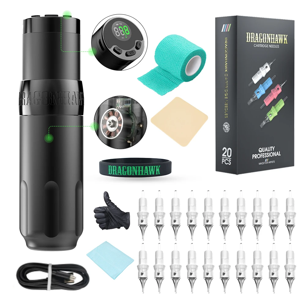

Dragonhawk X5 4.0mm Wireless LED Display Brushless Motor Tattoo Machine Kit Pen Battery Dragonhawk Tattoo Supplies Cartridge Set
