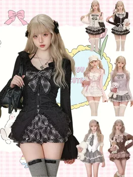 Japanese Sweet Preppy Style 2 Piece Set Women Kawaii Lace Patchwork Bow Tops + Y2k Plaid Mini Skirt Elegant Fashion Outifits New 1