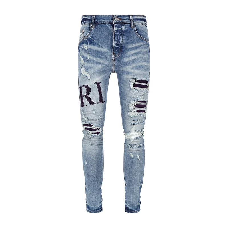 

DENIM APPLIQUE LOGO JEAN skinny Elastic Stretch Slim Fit Ripped Trousers Hip Hop Pants Distressed Destroyed Broken Holes Denim