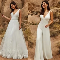 2 In 1 Wedding Jumpsuit With Detachable Skirt Two Pieces Bridal Dresses Pants Suit For Women Lace Tulle V-Neck Sweep Train Gowns 1