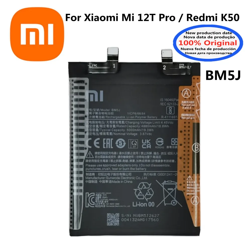 

New 100% Original High Quality Replacement 5000mAh BM5J Battery For Xiaomi Mi 12T Pro Redmi K50 Genuine Phone Batteries Bateria