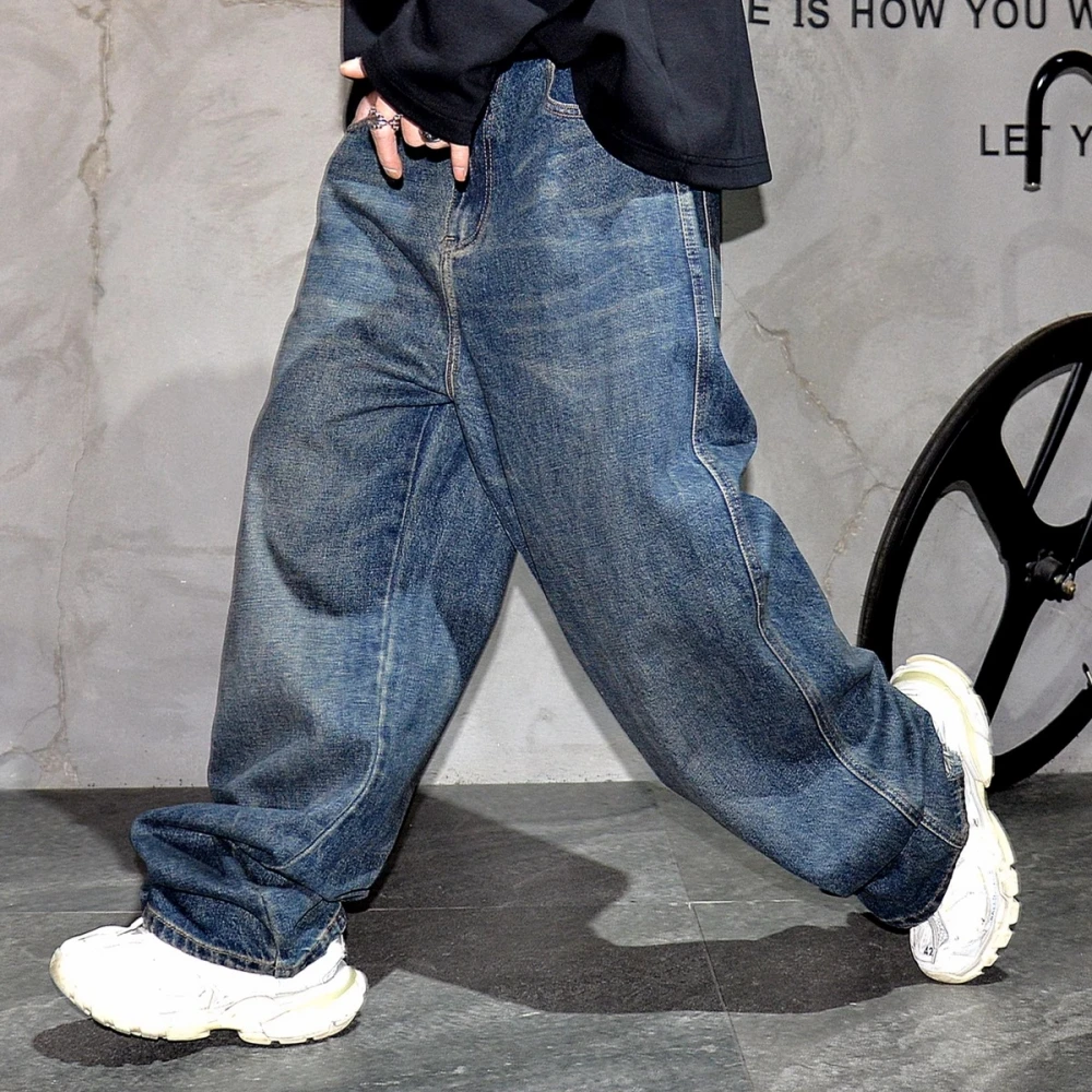 Mens Korean Style Vintage Distressed Baggy Jeans High Quality Denim Cargo Pants Straight Leg Streetwear Trendy Blue Trousers