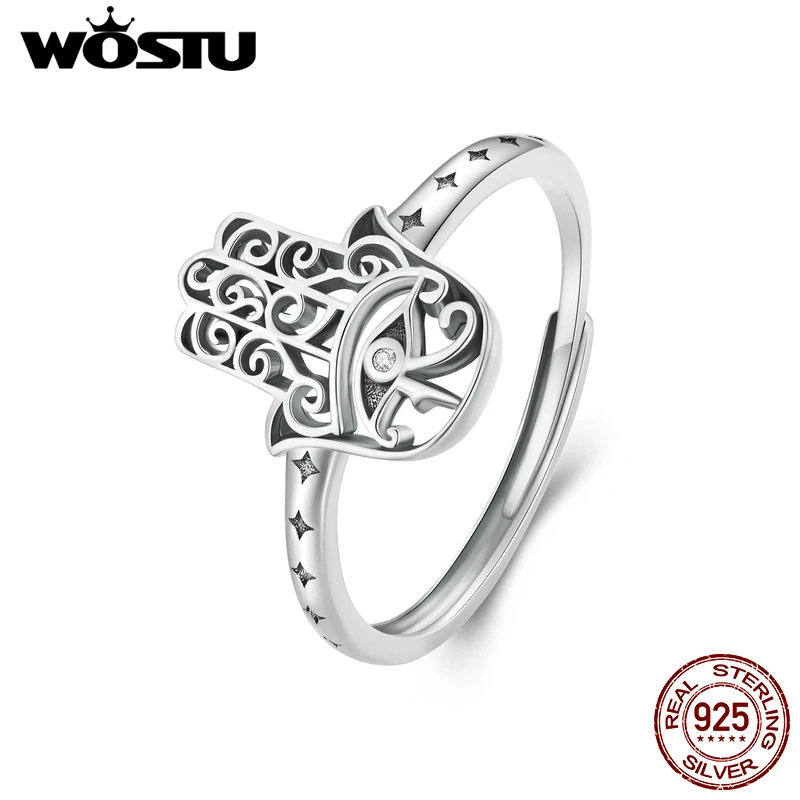 

WOSTU 925 Sterling Silver Vintage Style Lucky Hand Of Fatima Opening Ring Blue Demon's Eye Stackable Rings Party Jewelry Gift