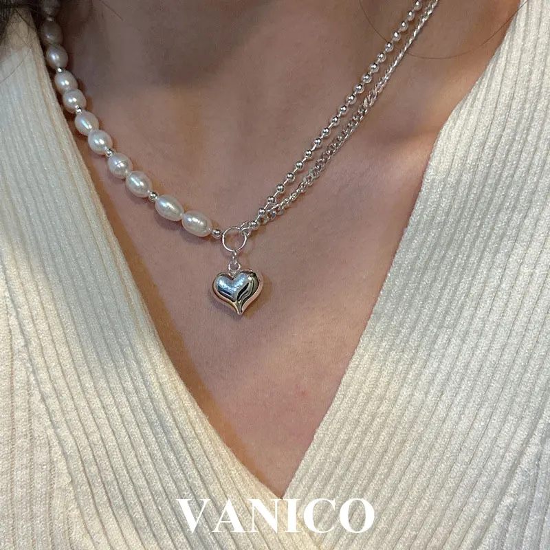 

Baroque Pearl Layered Necklace Sterling Silver Dainty Love Heart Pendant Layering Beaded Cuban Chain Freshwater Pearl Necklaces