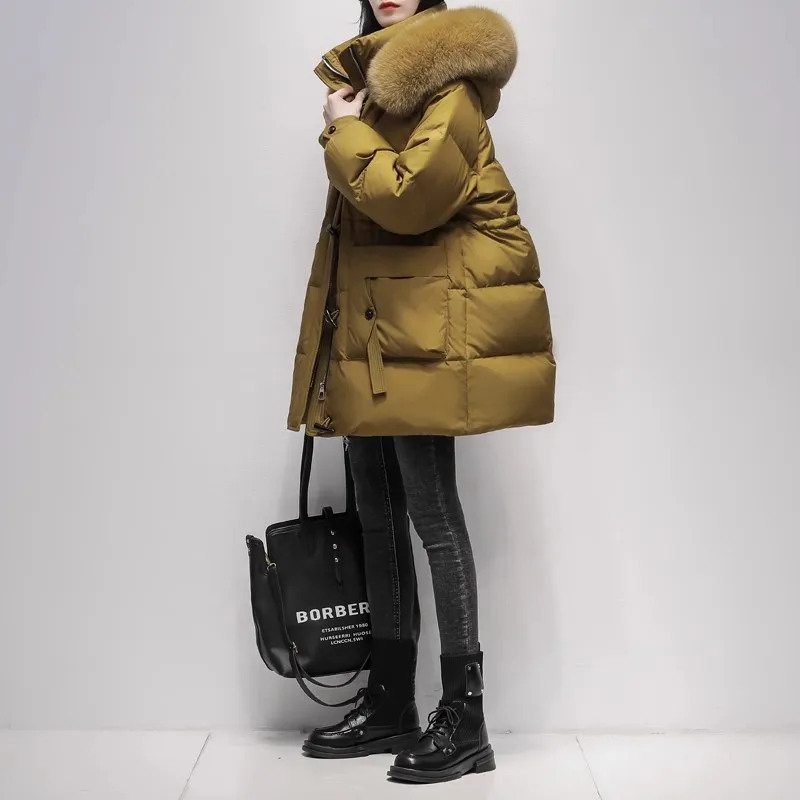 

Женское пальто, новинка зимы 2024, Корейская Свободная куртка на белом утином пуху с меховым воротником, женские утепленные парки с капюшоном, повседневное пуховое пальто