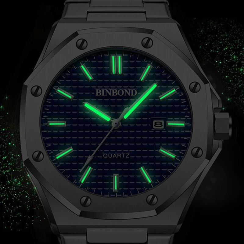 BINBOND Mens Watch Top Brand Royal Casual Men Big Dial Silver Stainless Steel Calendar Quartz Wristwatch Classic Luminous B0233
