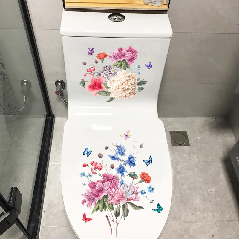 M484 Color Butterfly Peony Flower Toilet Sticker Bathroom Toilet Cover Wall Stickers Wc For Home Decoration