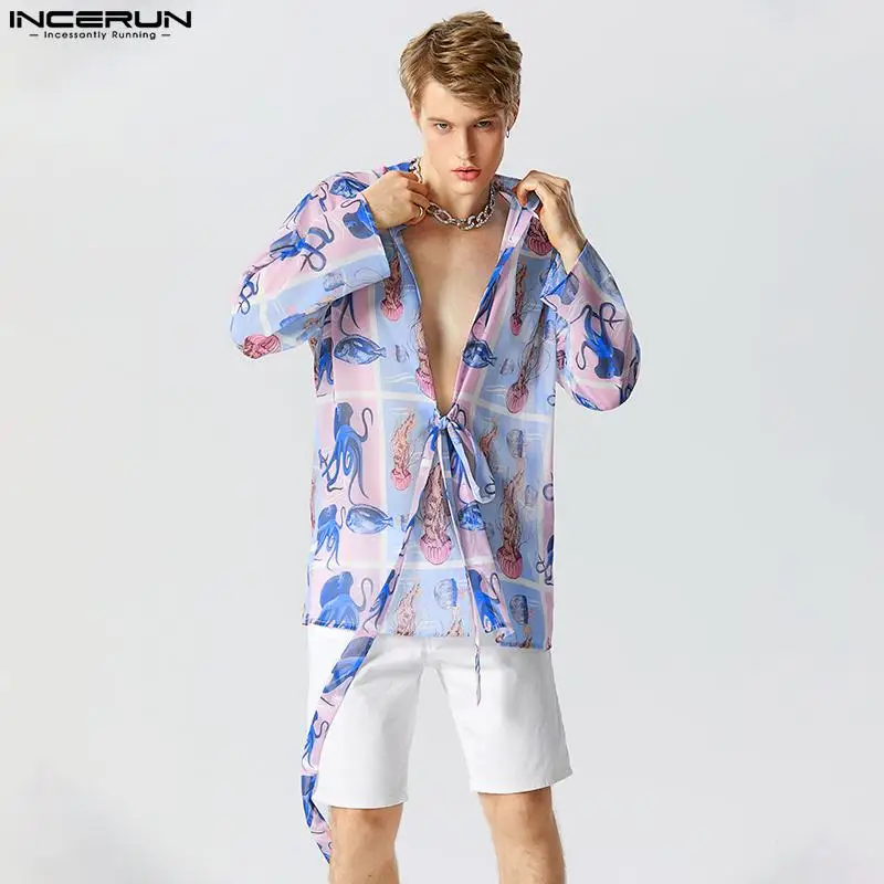 

Summer Casual Tops INCERUN Handsome Men's Chiffon See-through Printing Shirts Male Long Sleeved Cardigan Strap Blouse S-5XL 2023