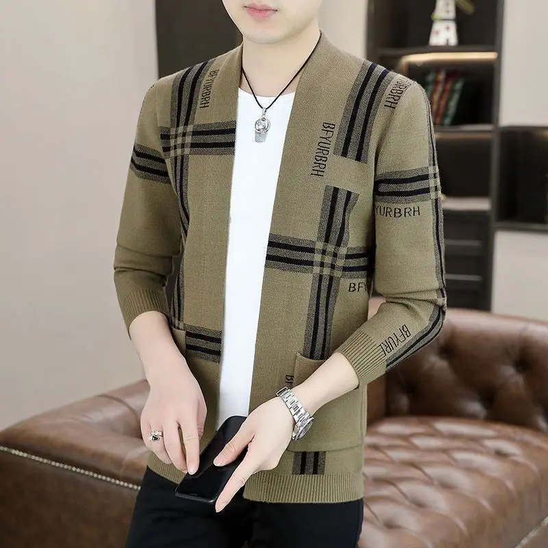 Men Autumn Winter New Fashion Casual Style Stand Collar Cardigan Sweater Plaid Pockets Spliced Leisure Long Sleeve Knitted Coat