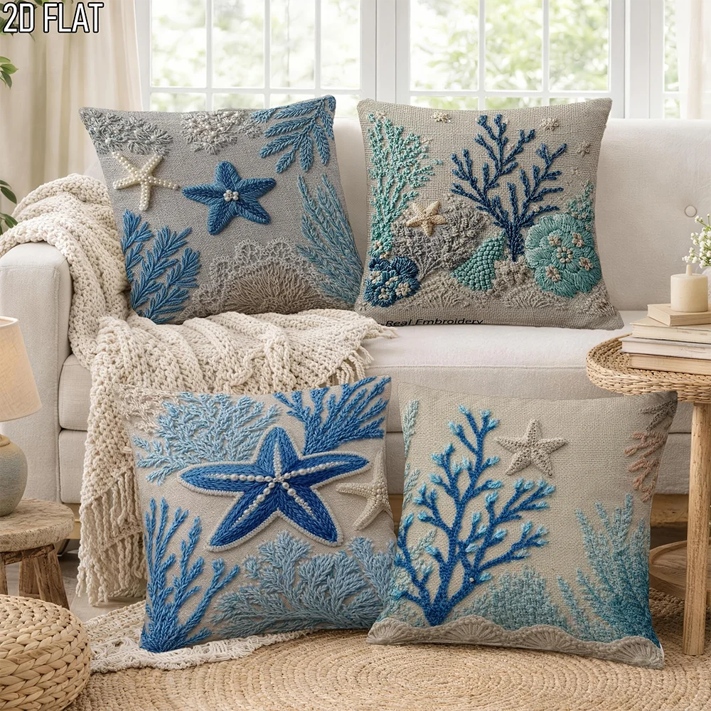 1/4pcs Coastal Ocean Themed Throw Pillow Covers, Starfish Coral Beach Style Cushion Cases for Home Decor 3