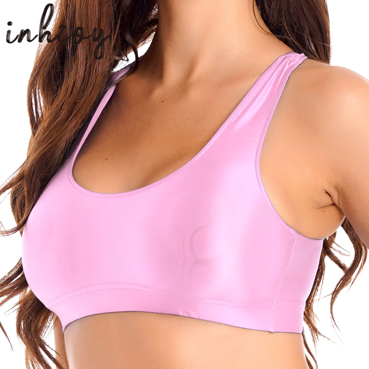 

Womens Glossy Tanks Oil Shiny Sleeveless Crop Top Vest for Sport Fitness Yoga Workout Cheer Booty Dance Tops Swimwear Clubwear