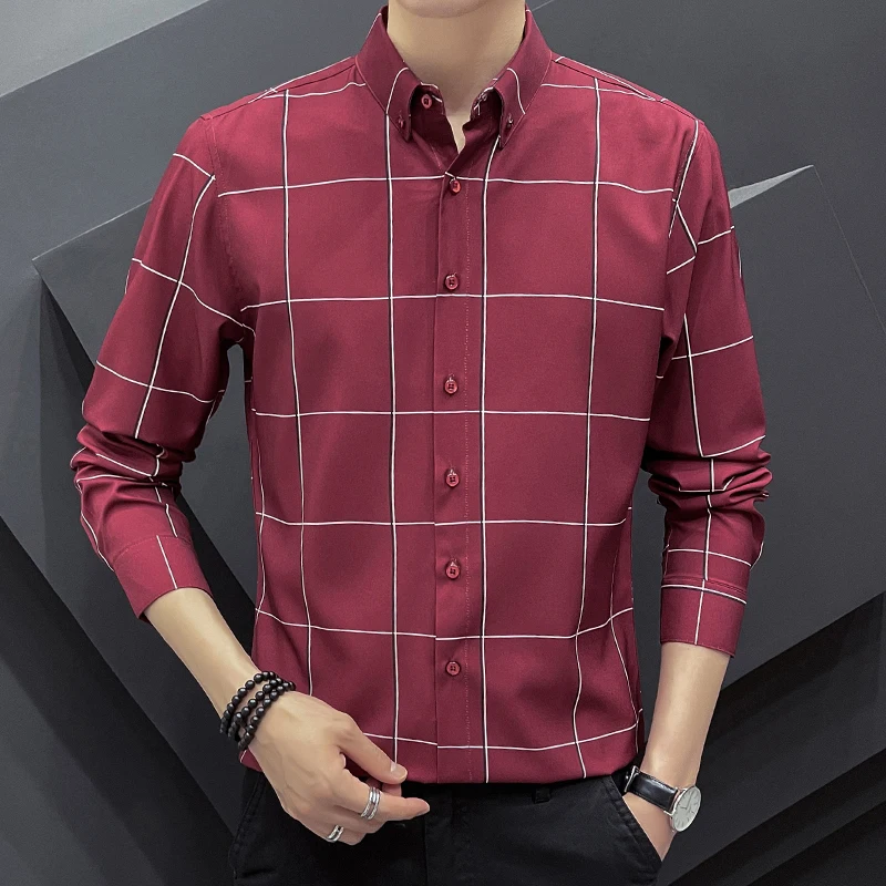 

2023 Trendy and Handsome Spring Business Casual Plaid Shirt Men's Formal Workwear Slim Social Party Clothes Checked Shirt