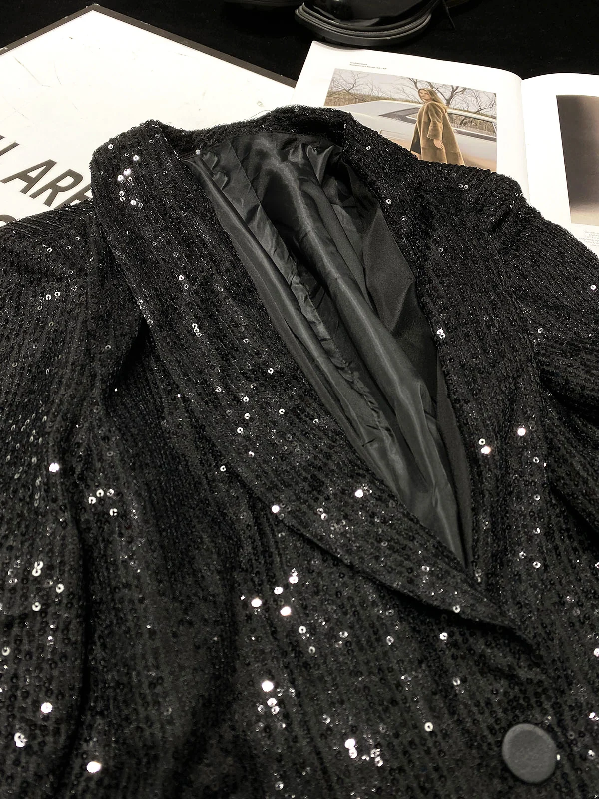 High Street Fashionable Black Paillette Slim Fit Suit Jacket 2024 Spring Clothes New Loose Mid-Length Lapel Women's Blazers Coat