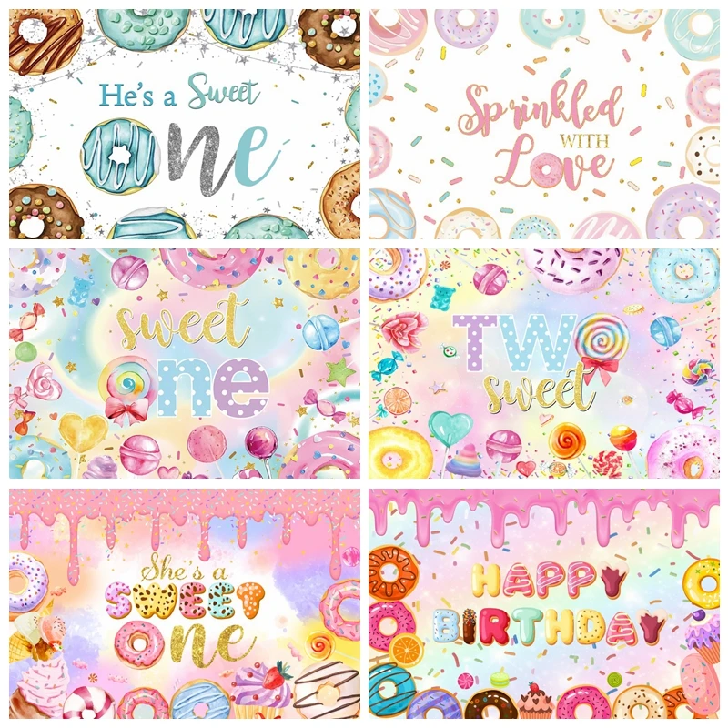 Sweet One Candy Bar Donuts 1st Birthday Party Backdrops Photography Baby Shower Background Portrait Photographic Photo Studio photo backdrop,photo wallpaper,party decoration covers