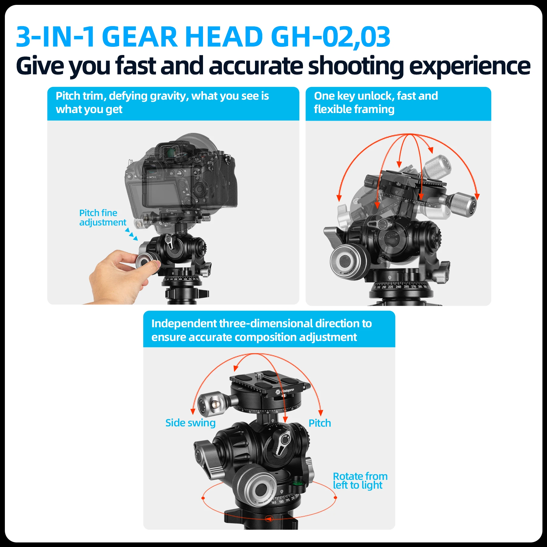 Fotopro 3-Way Geared Tripod Head with Handle Grip 3-Axis Pan Tilt Head Lightweight Compact Gimbal GH-02 GH-03