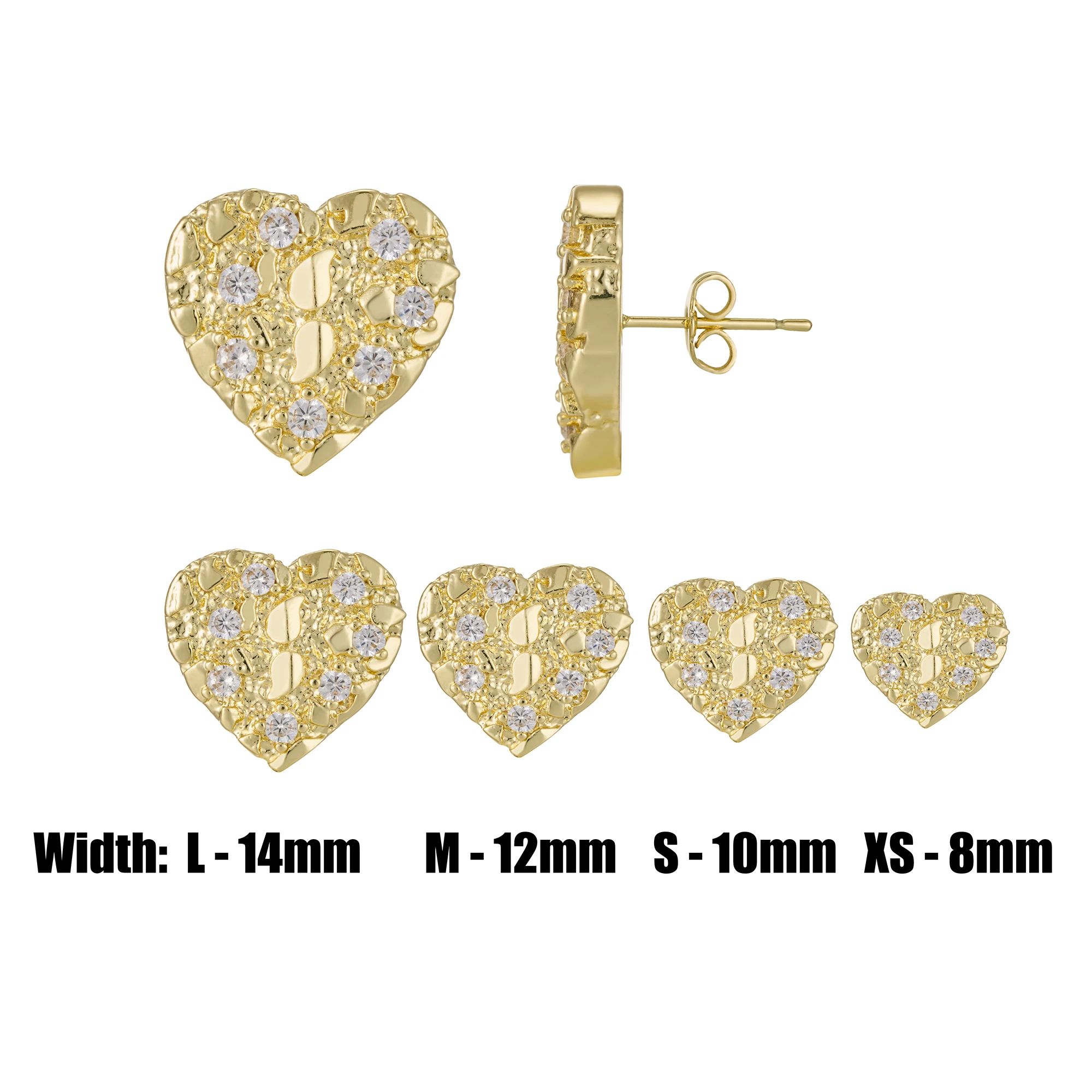 14K Gold Plated Hip Hop Nugget Stud Earrings 8mm-12mm AAA CZ Cubic Zirconia Heart Shape Fashion Jewelry for Men And Women Rock 2