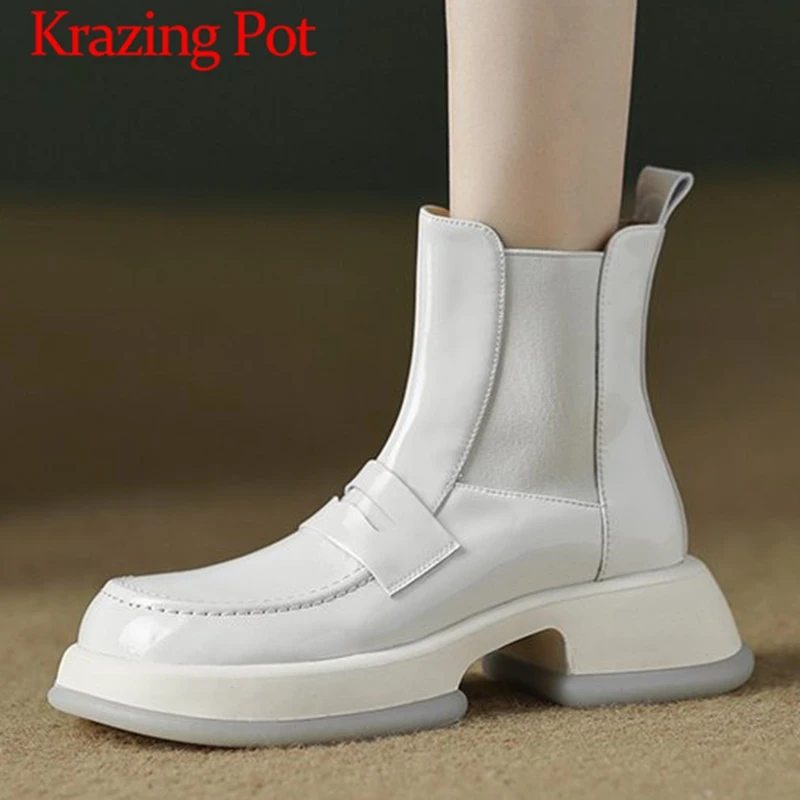 

Krazing Pot Full Genuine Leather Square Toe Med Heel Chelsea Boot Daily Simple Style Splicing British School Slip on Ankle Boots