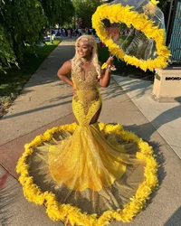 Yellow Gold African Mermaid Prom Dress for Women Sparkly Diamond Crystal Ostrich Feather Black Girl Evening Reception Gown