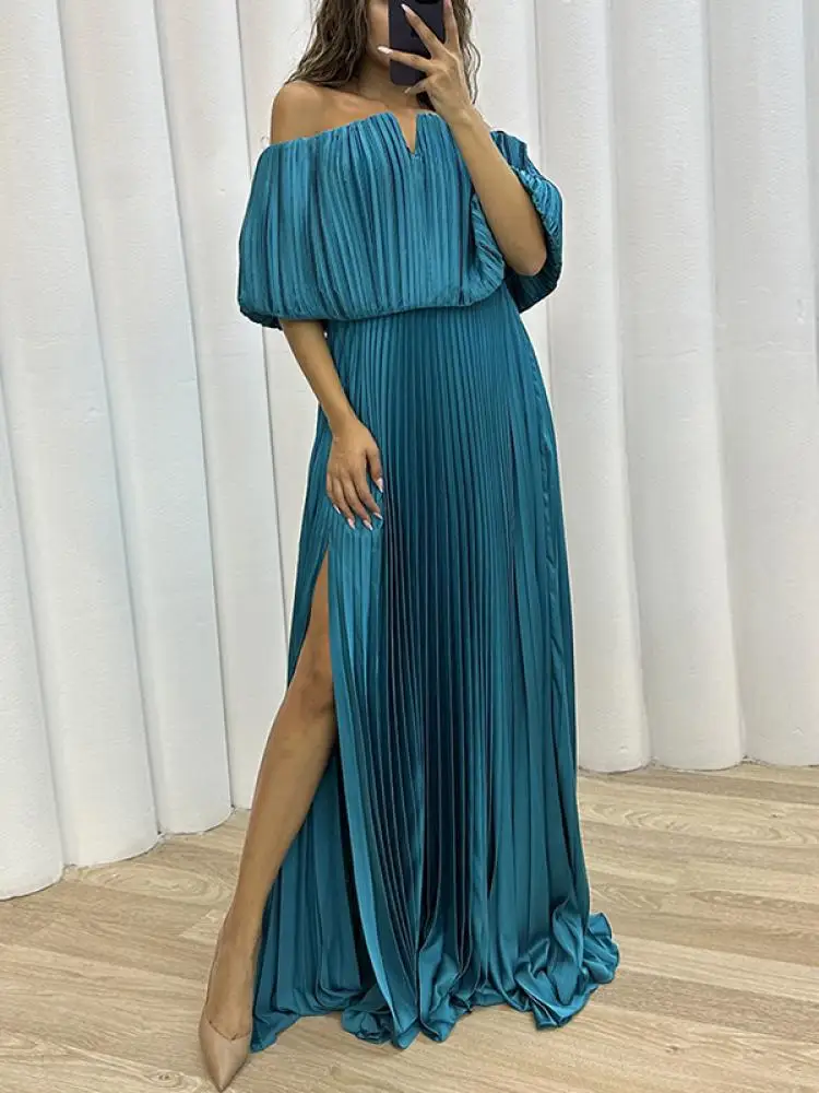 

Onecozyday One-piece Neckline Strapless Dress for Women Pleated Waisted Split Temperament Dress Solid Color Evening Dresses