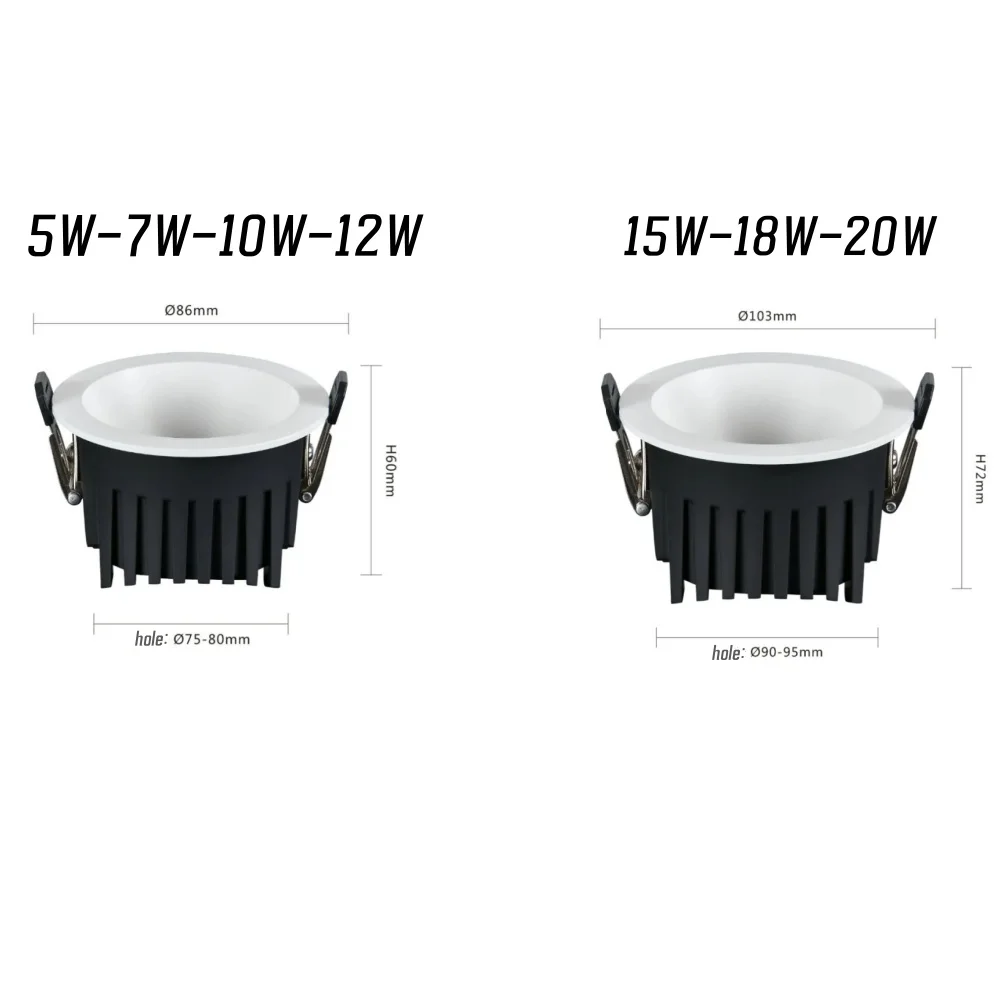 내장형 LED 눈부심 방지 다운라이트 IP65 방수 SMD 5W 10W 12W 20W 알루미늄 AC85-265V 욕실, 주방, 발코니에 적합