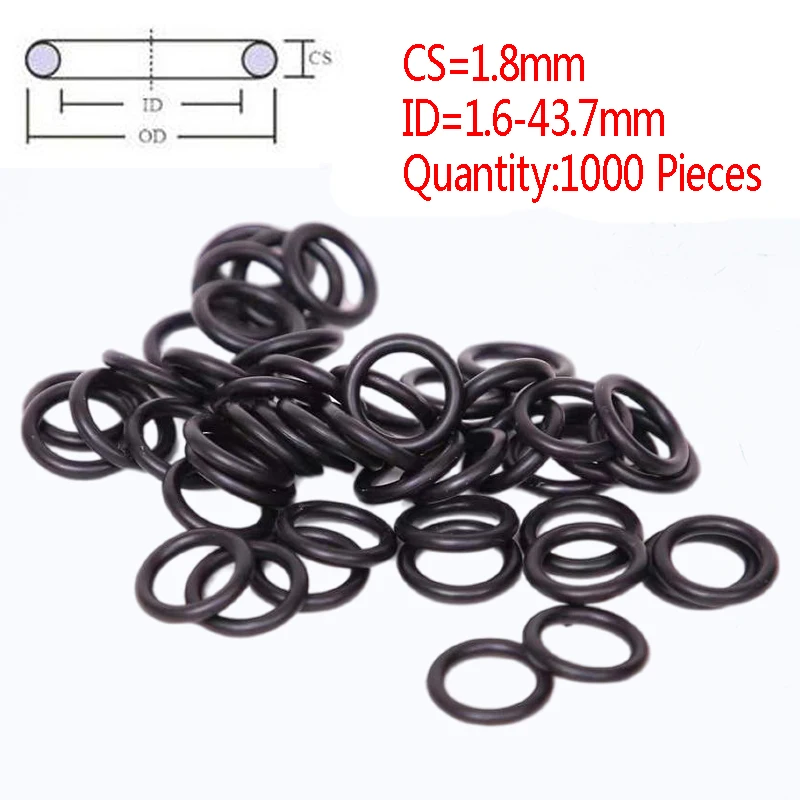 

1000 Pieces CS 1.8mm ID 1.6-43.7mm NBR Rubber O Ring Automobile Black O-Ring Oil Sealing Gasket