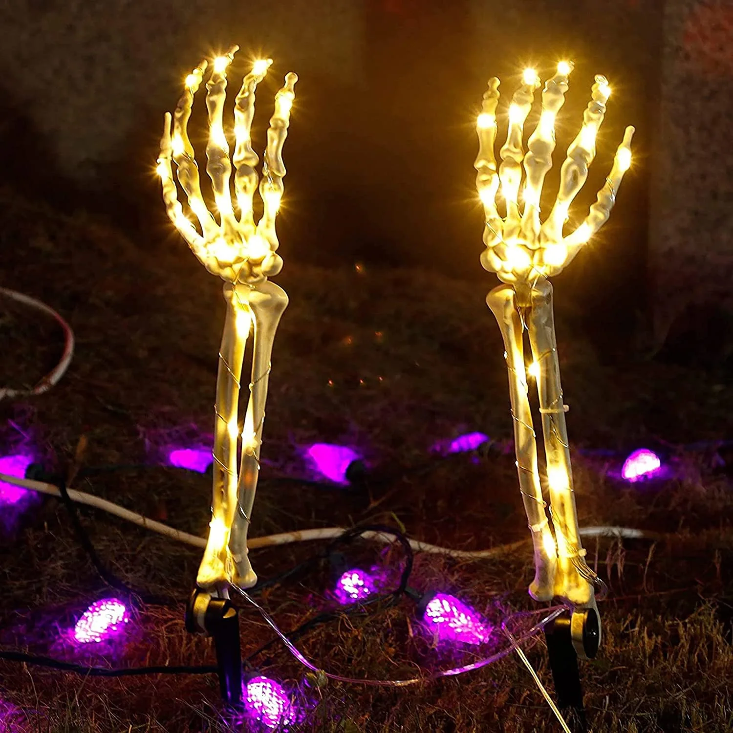 1Pair Halloween Skull Skeleton Hand Lamp 40leds Copper Wire Light String Luminous Ghost Hand Garden Light Indoor Yard Decor